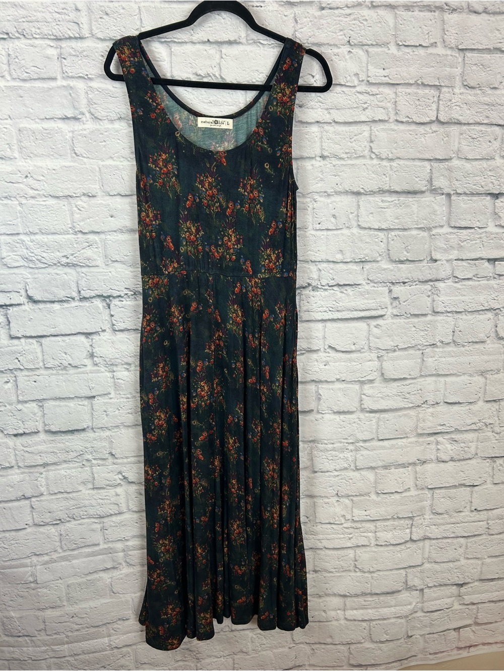 Natural Life Large Floral Maxi Dress Dark Green Sleeveless Stretch Boho Pockets